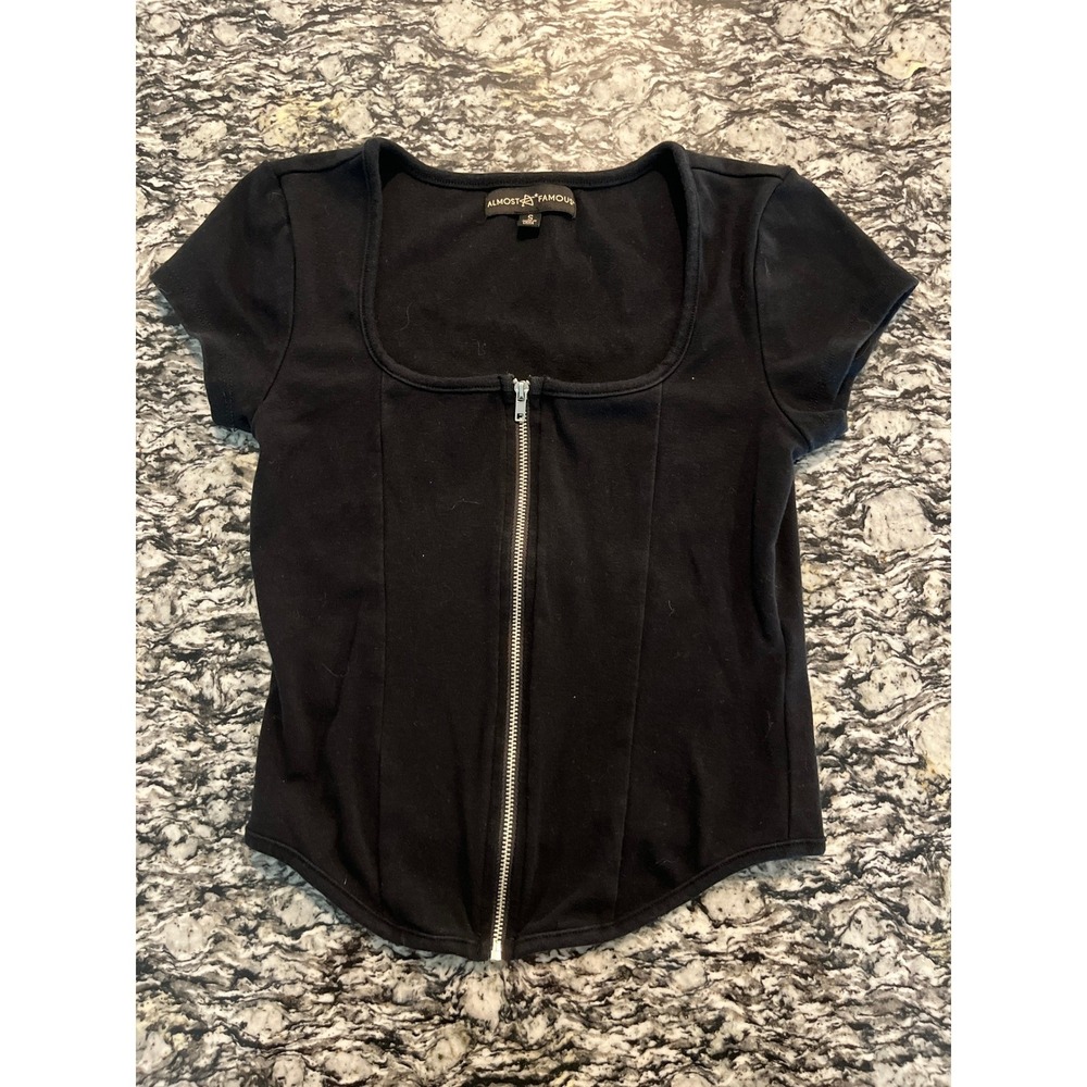 Almost Famous Black Corset Zip Front Top Square Neck Short Sleeve Small